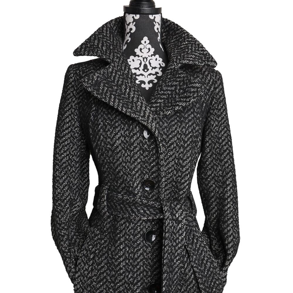 Women's Grey Black Preppy Classic Tweed Anne Klein Button Up Belted Midi Coat - Picture 6 of 10